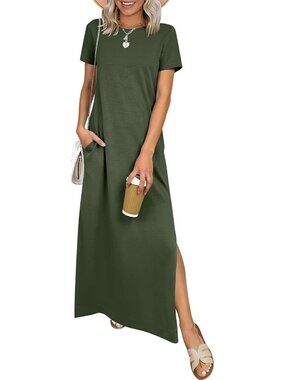 Women's Army Green Crewneck Summer Casual Maxi Short Sleeve Split Long Dress